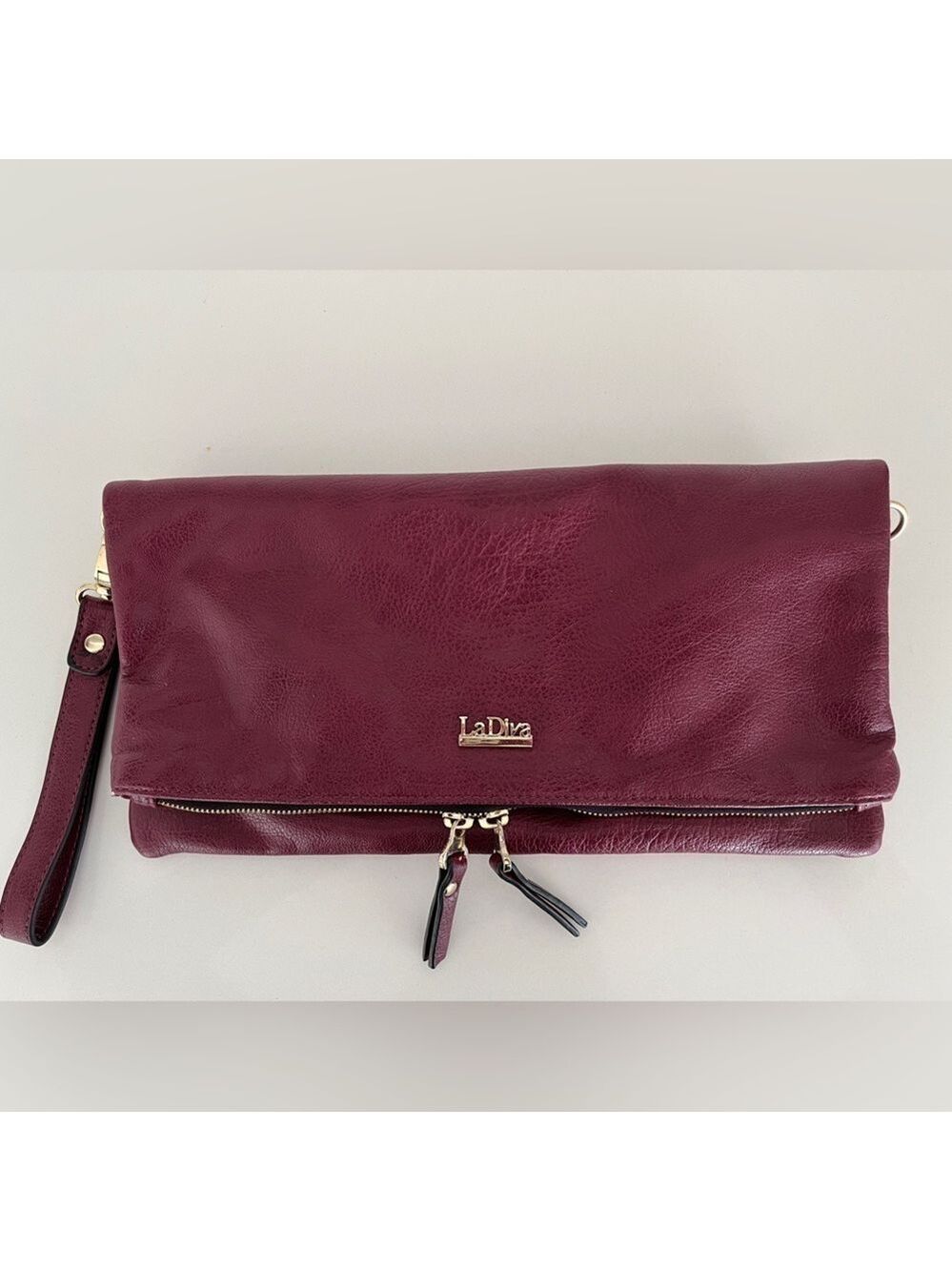 LA DIVA Burgundy Faux Leather Cross Body Bag Gold Hardware Converts to Clutch